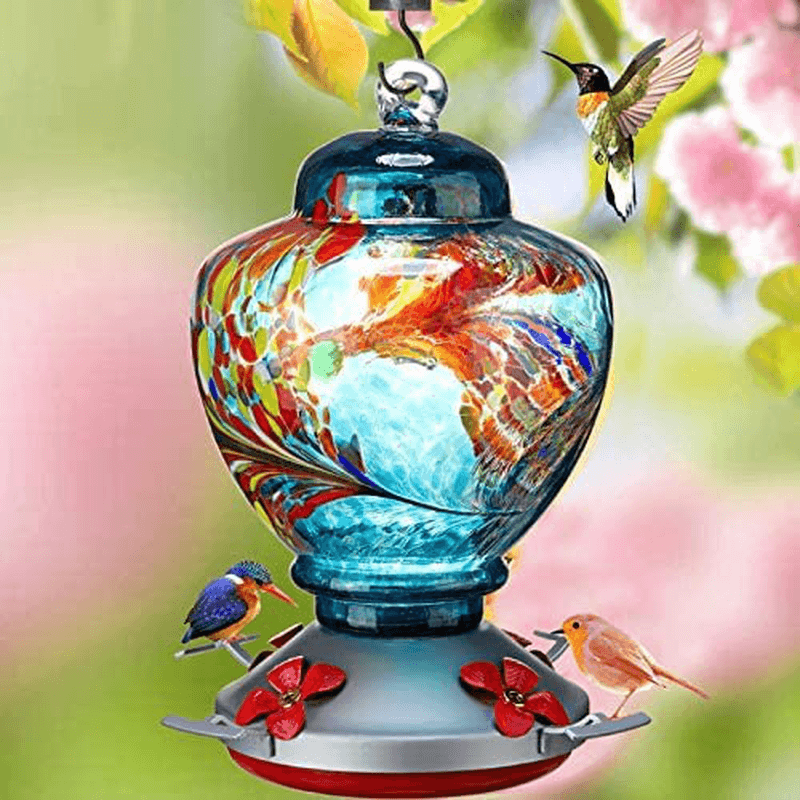 2 Sets Hummingbird Feeder for Outdoors with Hand Blown Glass, Hand