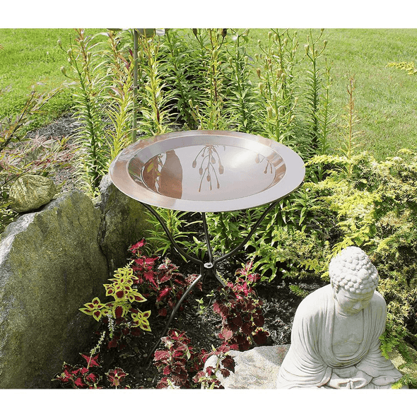 Antique Copper Plated Large Brass Classic Birdbath with Shallow Rimmed Bowl - We Love Hummingbirds