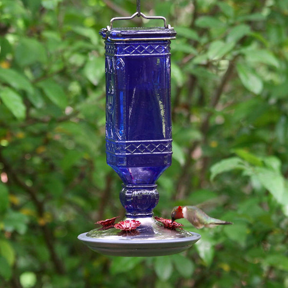Cobalt Blue Antique Bottle Hummingbird Feeder - Holds 16 oz of Nectar - We Love Hummingbirds