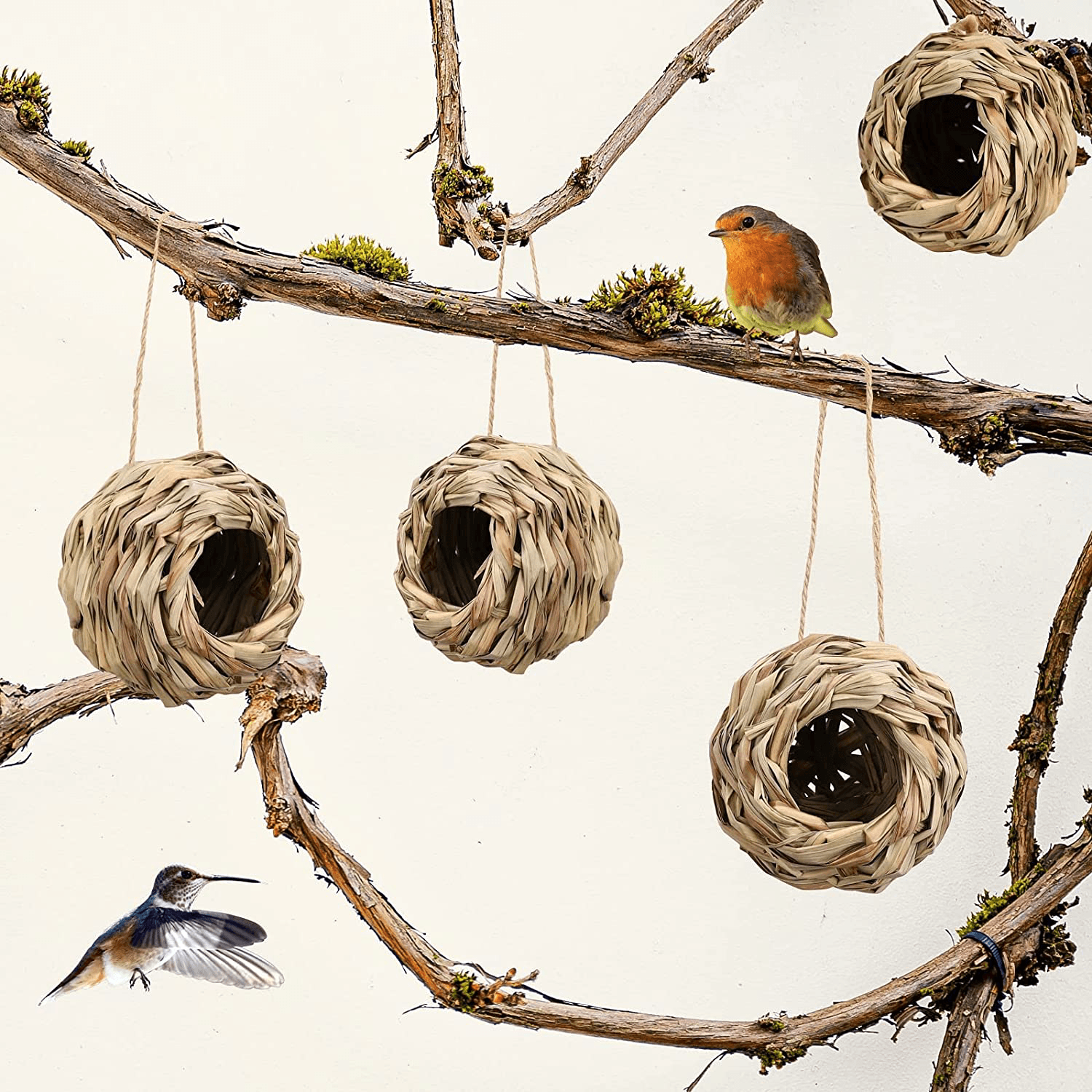 Hand Woven Grass Bird Nest Spherical Hummingbird Birdhouse Hanging