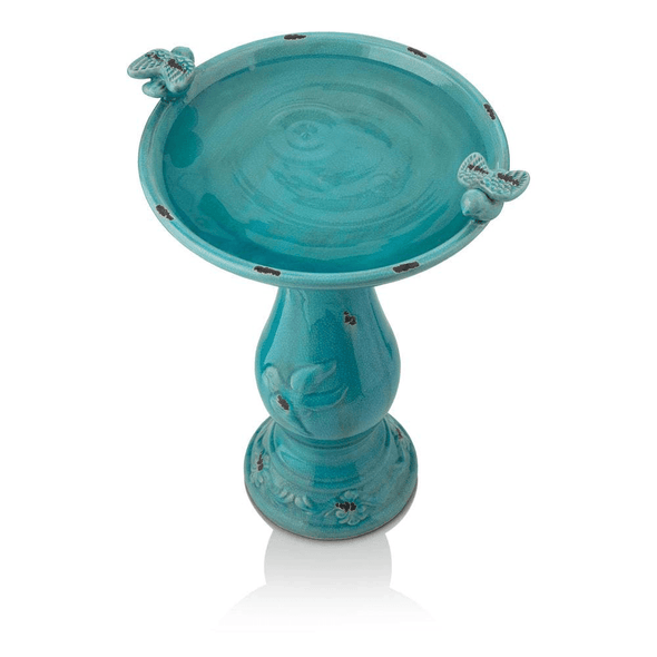 Outdoor Ceramic Antique Pedestal Birdbath with 2 Bird Figurines, Turquoise - 24 in. Tall - We Love Hummingbirds