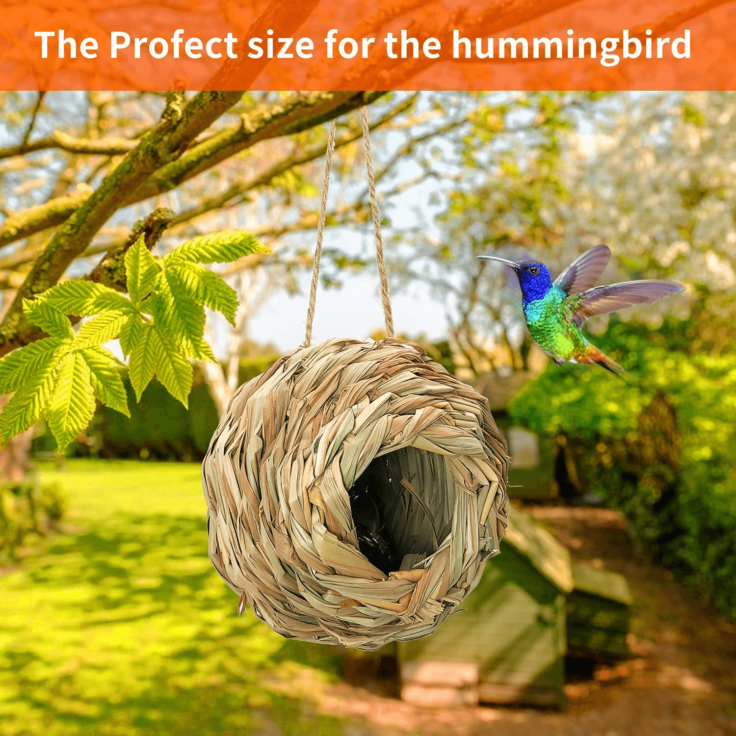 Humming Bird Houses for Outside Hanging, Natural Grass Hanging Bird Hut,  Hand Woven Humming Bird Nest, Parakeet Nest and Large Wren Finch Bird House